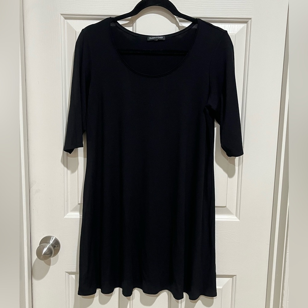 EILEEN FISHER Chic Black Half Sleeve SCOOP NECK SWING Dress, MINIMALIST, SIZE PM